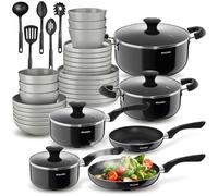 tectake®, Set cucina completo, 39 pezzi, set servizio piatti 6 persone, moderni, adatti microonde, 6 ciotole, 18 piatti eleganti, 2 pentole, casseruole, padelle antiaderenti, coperchi - Grigio/Nero