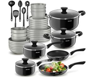 tectake®, Set cucina completo, 39 pezzi, set servizio piatti 6 persone, moderni, adatti microonde, 6 ciotole, 18 piatti eleganti, 2 pentole, casseruole, padelle antiaderenti, coperchi - Grigio/Nero
