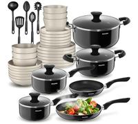 tectake®, Set cucina completo, 39 pezzi, set servizio piatti 6 persone, moderni per microonde, 6 ciotole, 18 piatti eleganti, 2 pentole, casseruole, padelle antiaderenti, coperchi - Nero/Tortora