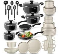 tectake®, Set cucina completo, 45 pezzi, set servizio piatti per 6 persone, moderni, 6 ciotole e tazze, 18 piatti eleganti, 2 pentole, casseruole, padelle antiaderenti, coperchi - Nero/Tortora