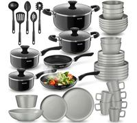 tectake®, Set cucina completo, 45 pezzi, set servizio piatti per 6 persone, moderni, 6 ciotole e tazze, 18 piatti eleganti, 2 pentole, casseruole, padelle antiaderenti, coperchi - Grigio/Nero