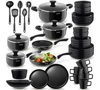 tectake®, Set cucina completo, set piatti moderni per microonde, servizio piatti 6 persone, 6 ciotole, 6 tazze, 18 piatti eleganti, 2 pentole 2 casseruole 2 padelle antiaderenti, 2 coperchi - 45 pezzi