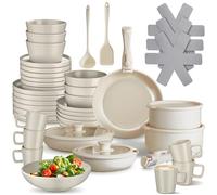 tectake® Set cucina per 6 persone 46 pcs, stoviglie e pentole, 24 pcs piatti ciotole e tazze, adatte a microonde, 11 pcs padelle, coperchi pentole manici removibili, spatola, mestolo - Tortora/Bianco