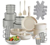 tectake® Set cucina per 6 persone 46 pcs, stoviglie e pentole, 30 pcs piatti ciotole e tazze, adatte a microonde, 11 pcs padelle, coperchi pentole manici removibili, spatola, mestolo - Grigio/Bianco
