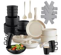 tectake® Set cucina per 6 persone 46 pcs, stoviglie e pentole, 30 pcs tra piatti ciotole tazze, adatte a microonde, 11 pcs padelle, coperchi pentole manici removibili, spatola, mestolo - Nero/Bianco