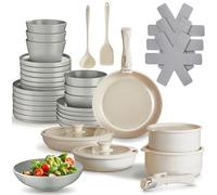 tectake® Set cucina x 6 persone 40 pcs, stoviglie e pentole, 24 pcs piatti ciotole, x microonde e lavastoviglie, 11 pcs padelle, coperchi pentole manici removibili, spatola, mestolo - Grigio/Bianco