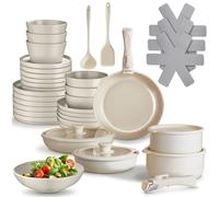 tectake® Set cucina x 6 persone 40 pcs, stoviglie e pentole, 24 pcs piatti ciotole, x microonde e lavastoviglie, 11 pcs padelle, coperchi pentole manici removibili, spatola, mestolo - Tortora/Bianco