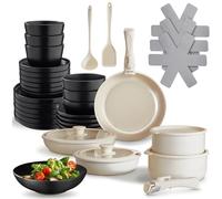 tectake® Set cucina x 6 persone 40 pcs, stoviglie e pentole, 24 pcs tra piatti ciotole, x microonde e lavastoviglie, 11 pcs padelle, coperchi pentole manici removibili, spatola, mestolo - Nero/Bianco