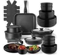 tectake® Set cucina x 6 persone 41 pezzi, stoviglie e pentole, 24 pcs tra piatti e ciotole, x microonde e lavastoviglie, 17 pcs tra padelle, grill, coperchi pentole manici removibili - Nero/Tortora