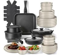 tectake® Set cucina x 6 persone 41 pezzi, stoviglie e pentole, 24 pcs tra piatti e ciotole, x microonde e lavastoviglie, 17 pcs tra padelle, grill, coperchi pentole manici removibili - Nero/Tortora
