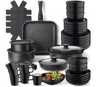 tectake® Set cucina x 6 persone 47 pezzi, stoviglie e pentole, 30 pcs tra piatti, ciotole, e tazze, x microonde e lavastoviglie, 17 pcs tra padelle, grill, coperchi pentole, manici removibili - Nero