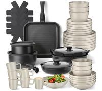 tectake® Set cucina x 6 persone 47 pezzi, stoviglie e pentole, 30 pcs tra piatti ciotole tazze, x microonde e lavastoviglie, 17 pcs tra padelle, grill coperchi pentole manici removibili - Nero/Tortora