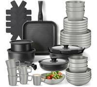 tectake® Set cucina x 6 persone 47 pezzi, stoviglie e pentole, 30 pcs tra piatti ciotole tazze, x microonde e lavastoviglie, 17 pcs tra padelle, grill coperchi pentole manici removibili - Grigio/Nero