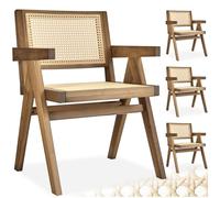 tectake® Set da 4 Sedia da pranzo con braccioli, Sedie Cucina Stile Boho, Poltroncina schienale largo, rattan ad intreccio viennese, struttura in legno massiccio, vernice protettiva - Rovere Chiaro