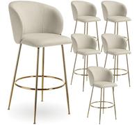 TecTake® Set da 6 Sgabelli, Sgabello da Bar alto con Schienale Imbottito in Velluto con poggiapiedi, Gambe in Acciaio Zincato, Piedini Antiscivolo, Per Cucina, Bar, Sgabello da Bistrot - Crema/Oro