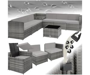 tectake® Set da Conversazioni, Salottino in Rattan, Poltrona Giardino, Sedia da Esterno, Tavolo con Piastra di Vetro, Box Contenitore, UV Resistenti, Arredamento Giardino Bello e Versatile - Grigio
