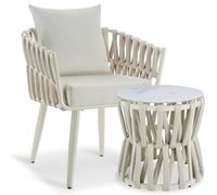 tectake® Set da Giardino in Alluminio, Sedia con Tavolo, Design a Corda | Resistente alle Intemperie, Cuscino Seduta da 10 cm, Cuscino Schienale da 15 cm, Sedia Max 120 kg, Piano in Vetro, Beige
