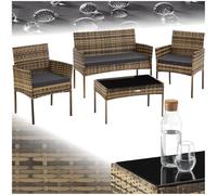 TecTake® Set da Giardino in Rattan, 4 Posti, Polyrattan Resistente, Cuscini Idrorepellenti Lavabili, Struttura in Acciaio Stabile, Tavolino con Vetro di Sicurezza, Arredo Esterno - Naturale