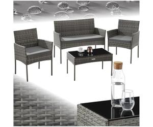 tectake® Set da Giardino in Rattan, 4 Posti, Polyrattan Resistente, Cuscini Idrorepellenti Lavabili, Struttura in Acciaio Stabile, Tavolino con Vetro di Sicurezza, Arredo Esterno - Grigio