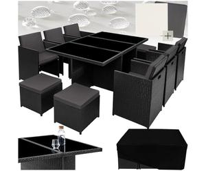 tectake® Set da Giardino in Rattan e Alluminio 178 x 114 x 72 cm, per 11 | Resistente alle Intemperie, Copertura Protettiva Inclusa, 16 Imbottiti, Viti in Acciaio Inossidabile, Arredo, Nero