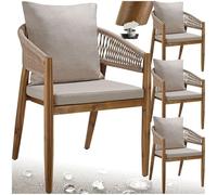 tectake® Set di 4 Sedie da Giardino, Poltrona Design a Corda, Sedia Struttura in Acacia, Cuscini Spessi e Super Morbidi, Rivestimenti Idrorepellenti e Lavabili, Piedini Regolabili in Altezza - Sabbia