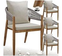 tectake® Set di 4 Sedie da Giardino, Poltrona Design a Corda, Sedia Struttura in Acacia, Cuscini Spessi e Super Morbidi, Rivestimenti Idrorepellenti e Lavabili, Piedini Regolabili in Altezza - Greige