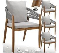 tectake® Set di 4 Sedie da Giardino, Poltrona Design a Corda, Sedia Struttura in Acacia, Cuscini Spessi e Super Morbidi, Rivestimenti Idrorepellenti e Lavabili, Piedini Regolabili in Altezza - Greige