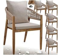 tectake® Set di 6 Sedie da Giardino, Poltrona Design a Corda, Sedia Struttura in Acacia, Cuscini Spessi e Super Morbidi, Rivestimenti Idrorepellenti e Lavabili, Piedini Regolabili in Altezza - Sabbia