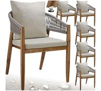 tectake® Set di 6 Sedie da Giardino, Poltrona Design a Corda, Sedia Struttura in Acacia, Cuscini Spessi e Super Morbidi, Rivestimenti Idrorepellenti e Lavabili, Piedini Regolabili in Altezza - Greige