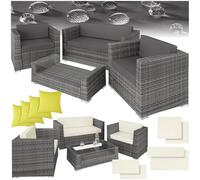 TecTake® Set di Mobili da Esterno in Rattan, 1 Divano, 2 Poltrone, 1 Tavolino Salotto con Lastra in Vetro, Set di Rivestimenti per Cuscini, 4 Cuscini Extra Inclusi - Grigio