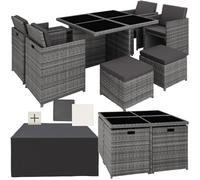 tectake® Set di Mobili da Giardino, Arredo Giardino, Resistente Rattan Sintetico, Alluminio, Mobili d Arredo, 4Sedie, Tavolo, 4Sgabelli, Involucro Protettivo - Grigio
