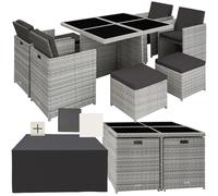 tectake® Set di Mobili da Giardino, Arredo Giardino, Resistente Rattan Sintetico, Alluminio, Mobili d Arredo, 4Sedie, Tavolo, 4Sgabelli, Involucro Protettivo - Grigo Chiaro