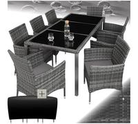 tectake® Set di Mobili Giardino, Set Sedie, 8 Sedie, 1 Tavolo, Cuscini Morbidi, Terrazza Esterni, Coperchio di Protezione, Arredo Giardino, Poli Rattan Arredamento - Grigio-Mélange/Grigio