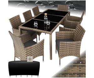 tectake® Set di Mobili Giardino, Set Sedie, 8 Sedie, 1 Tavolo, Cuscini Morbidi, Terrazza Esterni, Coperchio di Protezione, Arredo Giardino, Poli Rattan Arredamento - Naturale/Grigio Scuro