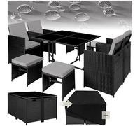 TecTake® Set di Mobili in Rattan Bilbao, 4 Sedie e 4 Sgabelli con Tavolo, Struttura in Acciaio e Poly Rattan Resistente, Ideale per Giardino e Terrazzo, Mobili da Esterno - Nero/Grigio