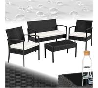 TecTake® Set di Mobili in Rattan Sparta, Set Sedie, Panca, Tavolino Salotto con Lastra in Vetro, Comodi Cuscini Idrorepellenti, Ideale per Giardino, Terrazzo, Veranda - Nero