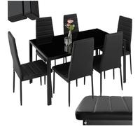 tectake® Set di Mobili per Sala da Pranzo, 7 Pezzi, Tavolo con 6 Sedie | Rivestimento Similpelle, Piano in Vetro, Piedini Antigraffio, Schienale Alto, Portata 120 kg, Tavolo 130x70x75 cm, Nero/Nero