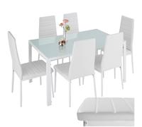 tectake® Set di Mobili per Sala da Pranzo, 7 Pezzi, Tavolo con 6 Sedie | Rivestimento Similpelle, Piano Vetro, Piedini Antigraffio, Schienale Alto, Portata 120 kg, Tavolo 130x70x75 cm, Bianco/Bianco