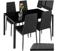 tectake® Set di Mobili per Sala da Pranzo, Tavolo 120x70x75 cm e 4 Sedie | Rivestimento in Similpelle, Piano in Vetro, Sedute Imbottite, Schienale Alto, Piedini Salvapavimento, Portata 120 kg, Nero