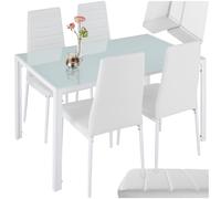 tectake® Set di Mobili per Sala da Pranzo, Tavolo 120x70x75 cm e 4 Sedie | Rivestimento in Similpelle, Piano in Vetro, Sedute Imbottite, Schienale Alto, Piedini Salvapavimento, Portata 120 kg, Bianco