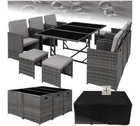TecTake® Set di Mobili Poli Rattan, Arredamento Giardino Elegante, 6 Sedie da Esterno, 1 Tavolo Vetro, 4 Sgabelli, Involucro Protettivo, Ideale per Balcone e Giardino, Arredamento - Grigio