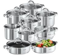 tectake® Set di Pentole, 15 Pezzi, Batteria di Pentole e Padelle in Acciaio Inossidabile, Adatto a Induzione, Gas, Elettrico, Padelle Antiaderenti, Lavabili in Lavastoviglie, Coperchi Abbinati