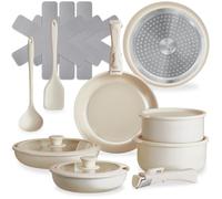 tectake®, Set di pentole 16 pezzi, set pentole induzione anche per piani a gas, elettrici, rivestimento antiaderente in ceramica, manici removibili - 2 Padelle, 2 Pentola, Pot, 4 Coperchi - Bianco