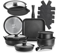 tectake®, Set di pentole 17 pezzi, set pentole induzione anche per pianio a gas ed elettrici, pentola per pasta, antiaderenti, manici removibili - 2 Padelle, 1 Padella Grill, 2 Pentola Pot, 4 Coperchi