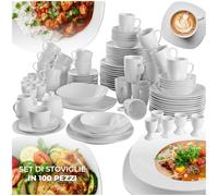 tectake® Set di Stoviglie da 100 Pezzi per 12 Persone, Piatti e Ciotole con Bordi Arrotondati, Porcellana Resistente ai Graffi, Adatto a Lavastoviglie e Microonde, Impilabile, Salvaspazio - Bianco