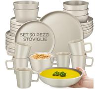 tectake® Set di Stoviglie in Gres per 6 Persone, 30 Pezzi, Design Urban | Servizio Piatti in Gres Smaltato, Adatto a Lavastoviglie e Microonde, Impilabili Salvaspazio, Piatti, Ciotole, Tazze, Tortora