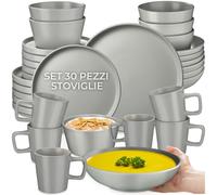 tectake® Set di Stoviglie in Gres per 6 Persone, 30 Pezzi, Design Urban | Servizio Piatti in Gres Smaltato, Adatto a Lavastoviglie e Microonde, Impilabili Salvaspazio, Piatti, Ciotole, Tazze, Grigio