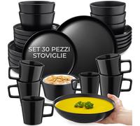 tectake® Set di Stoviglie in Gres per 6 Persone, 30 Pezzi, Design Urban | Servizio Piatti in Gres Smaltato, Adatto a Lavastoviglie e Microonde, Impilabili Salvaspazio, Piatti, Ciotole, Tazze, Nero