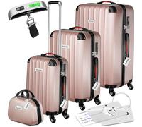 TecTake® Set di valigie rigide Cleo, 4 pezzi, Trolley M, L e XL, Beauty Case Impilabile, Rotelle Girevoli a 360°, Maniglia Telescopica Regolabile, Bilancia, Combinazione a 3 Cifre - Rosa Dorato