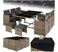 TecTake® Set in Poli Rattan, Set da Conversazione, Arredamento Giardino Elegante, 6 Sedie da Esterno, 1 Tavolo in Vetro, 4 Sgabelli, Ideale per Balcone, Giardino e Terrazzo - Naturale